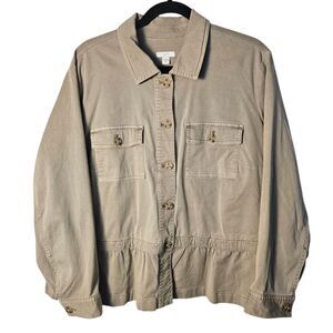 J Jill XL Petite Beige Jacket‎ Canvass Button Up Collar Patch Pockets Peplum